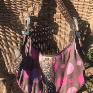 Brown and Pink Polka Dot Belt Buckle Handbag